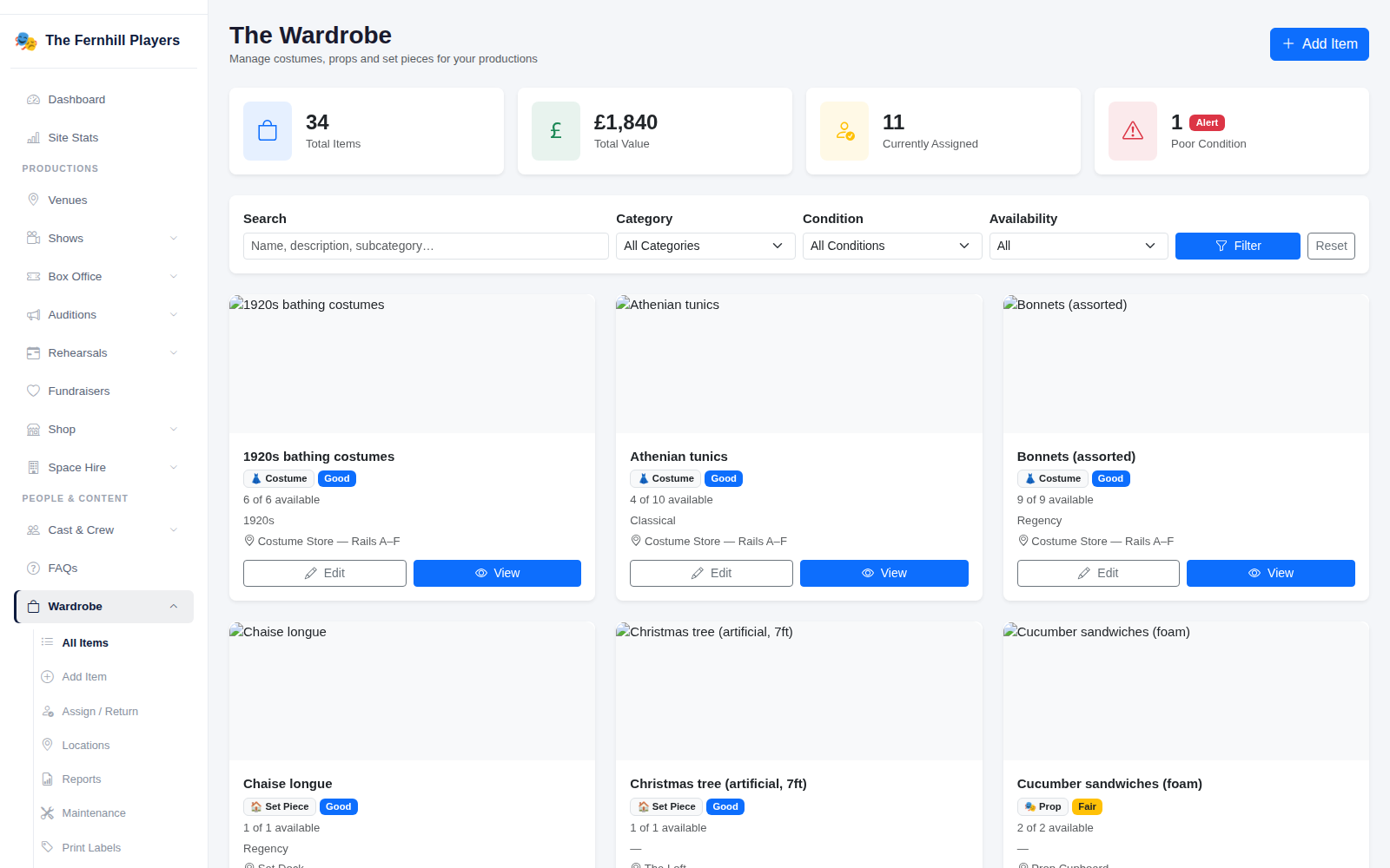 The Wardrobe: totals at the top, filters, and a card for each item.