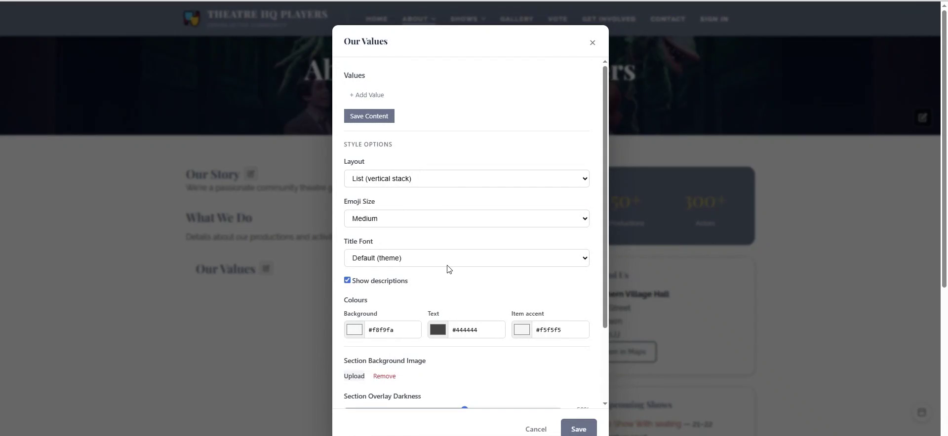 Click section pencils to add and style page content.