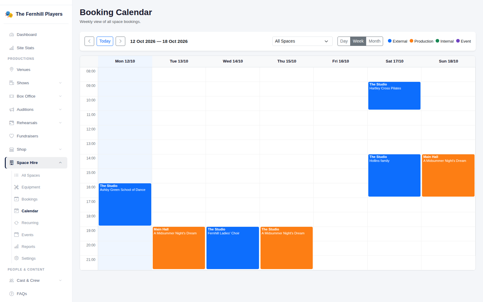 The booking calendar, with hirers, productions and events in different colours.