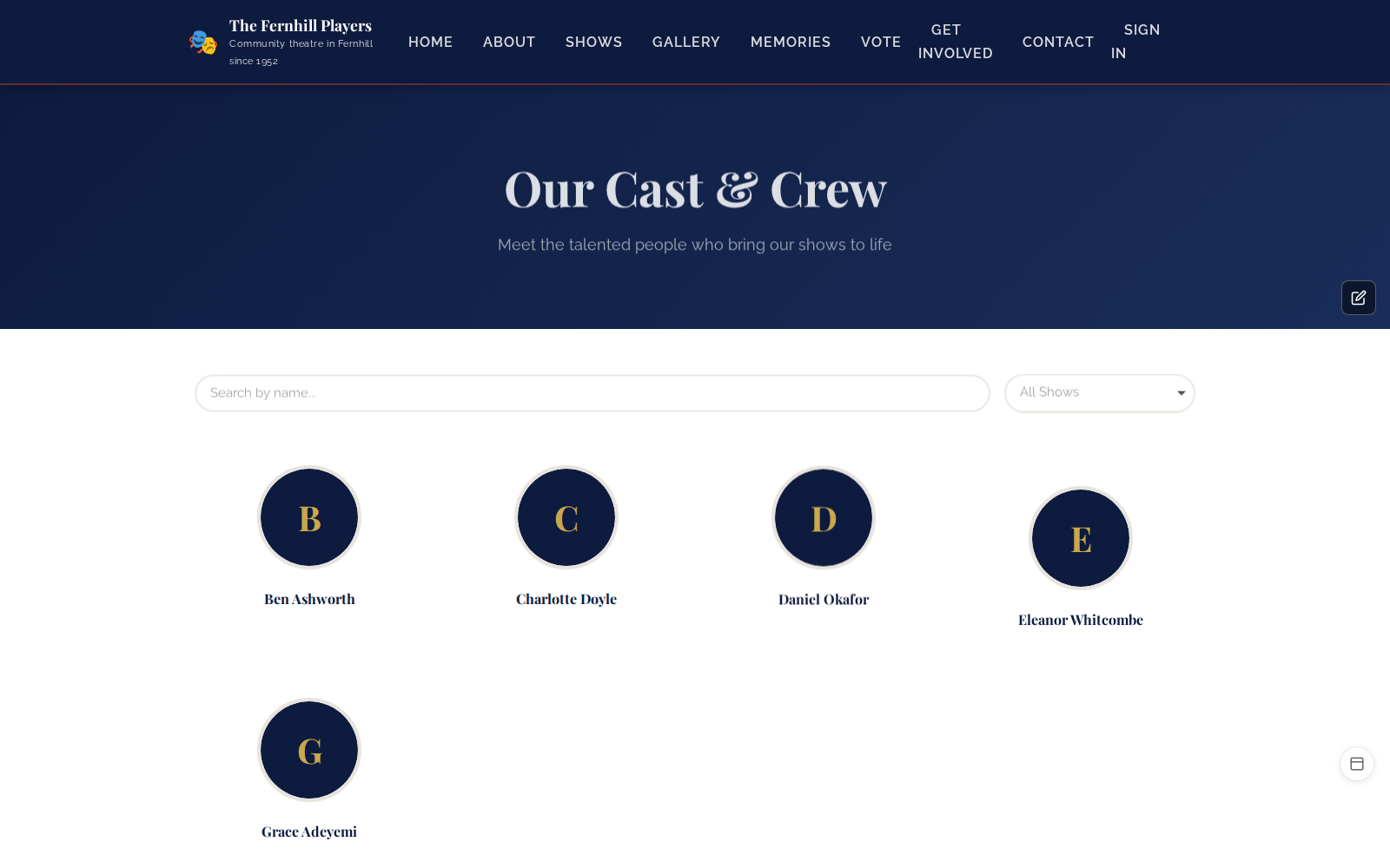 The Cast & Crew page on the society's website.