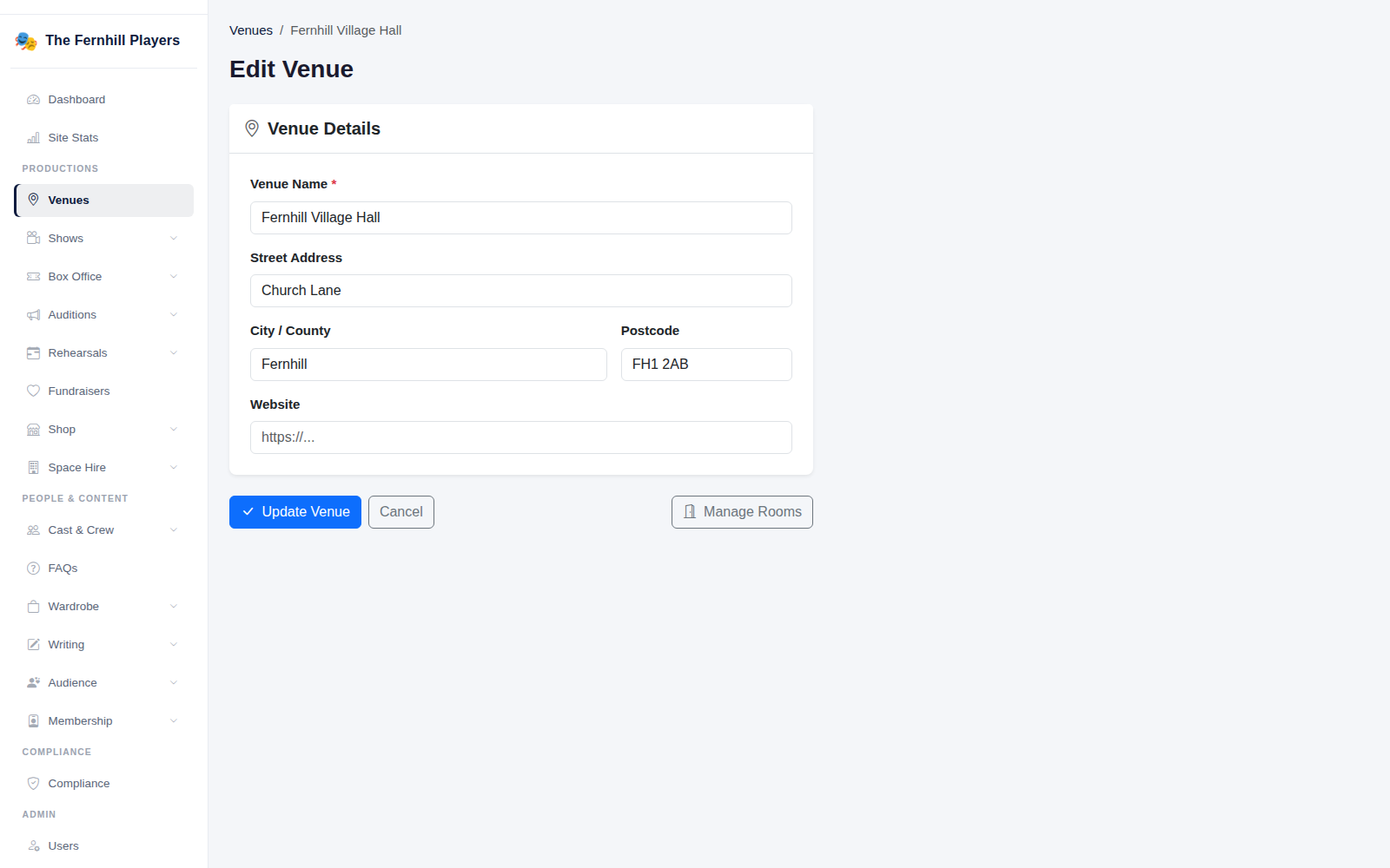 A venue's details: name, address, postcode and website.