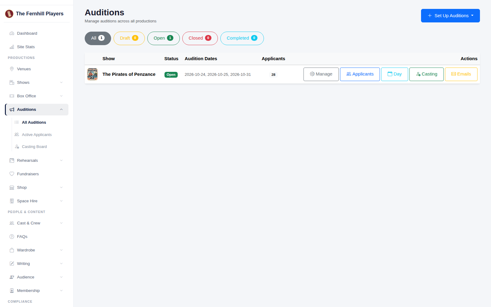 The Day button sits next to Applicants and Casting for each show.