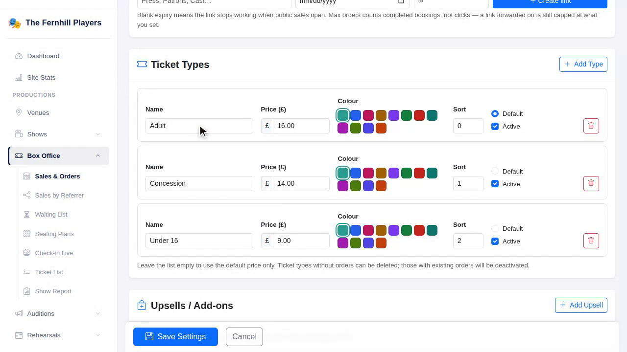 Ticket types with their prices and colours.