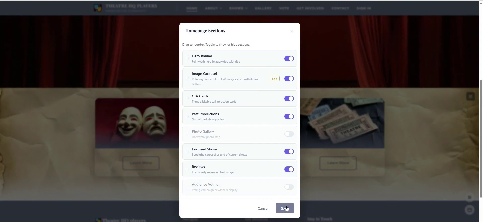 Drag to reorder, or toggle sections off to hide them.