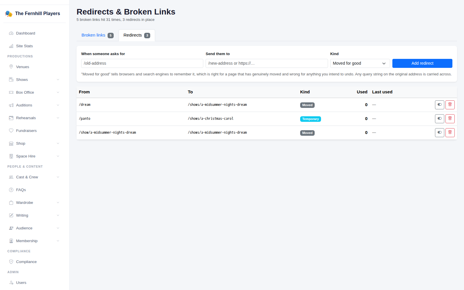 The Redirects tab: adding a redirect, and the list of redirects with how often each is used.