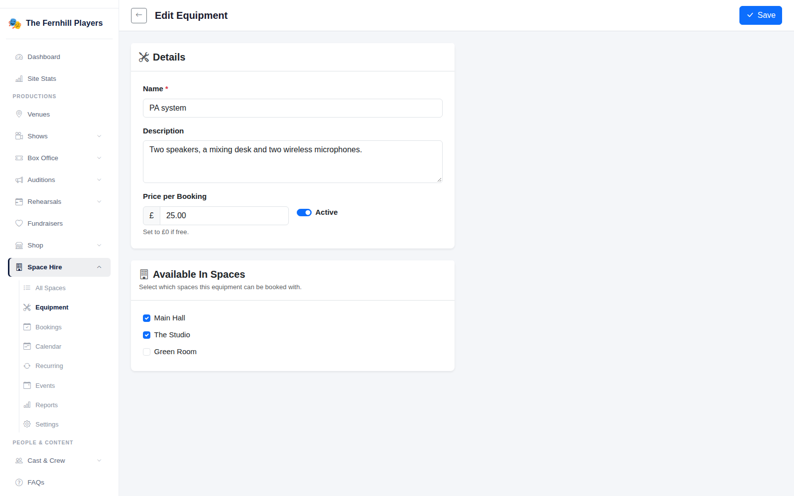 Adding equipment: name, description, price per booking and which rooms it's available in.