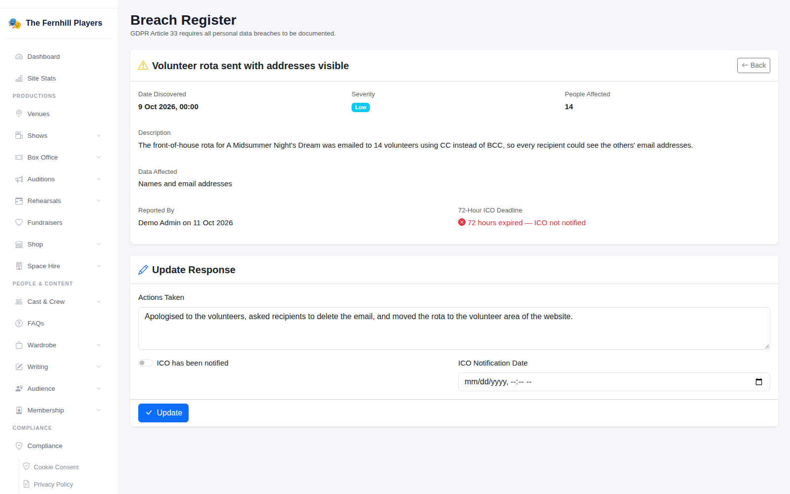 A breach record, with the 72-hour deadline and the response.