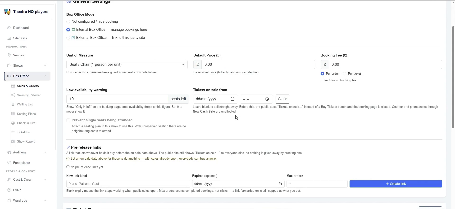 Control when public sales open and create early-access links.