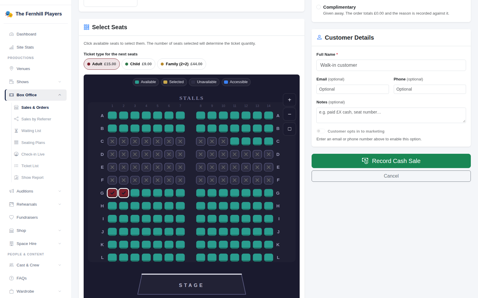 Choosing seats on the plan, with the ticket type for the next seats and the order total.