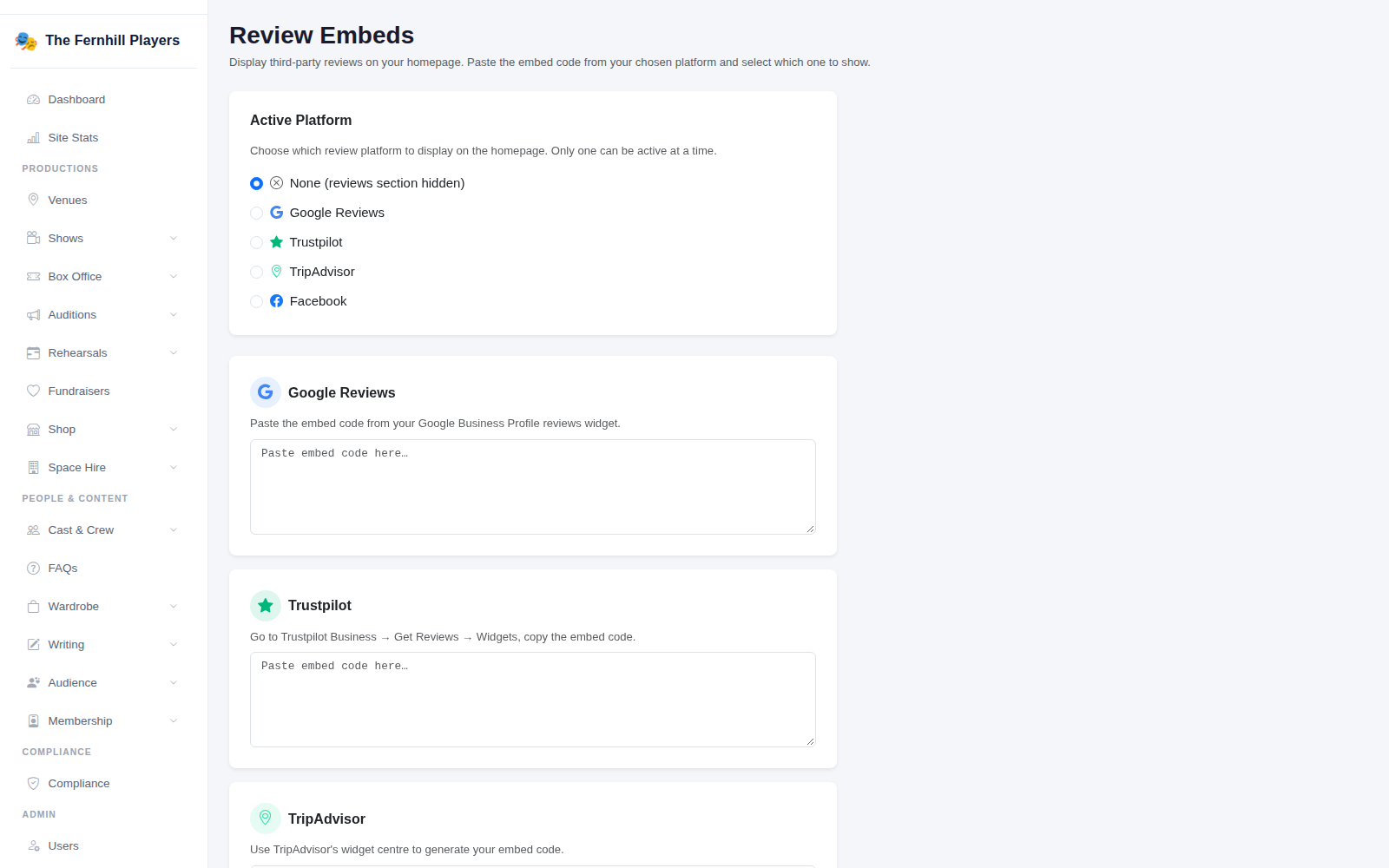 Review Embeds: choose the platform to show on your homepage and paste in each platform's code.