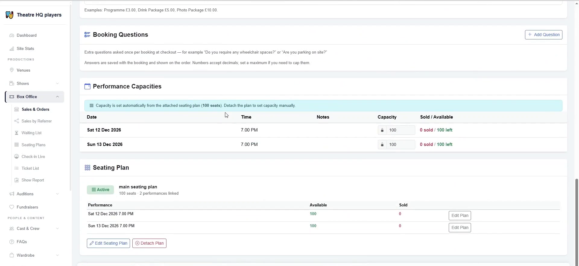 Attach a seating plan to switch from manual capacity to seat-based inventory.