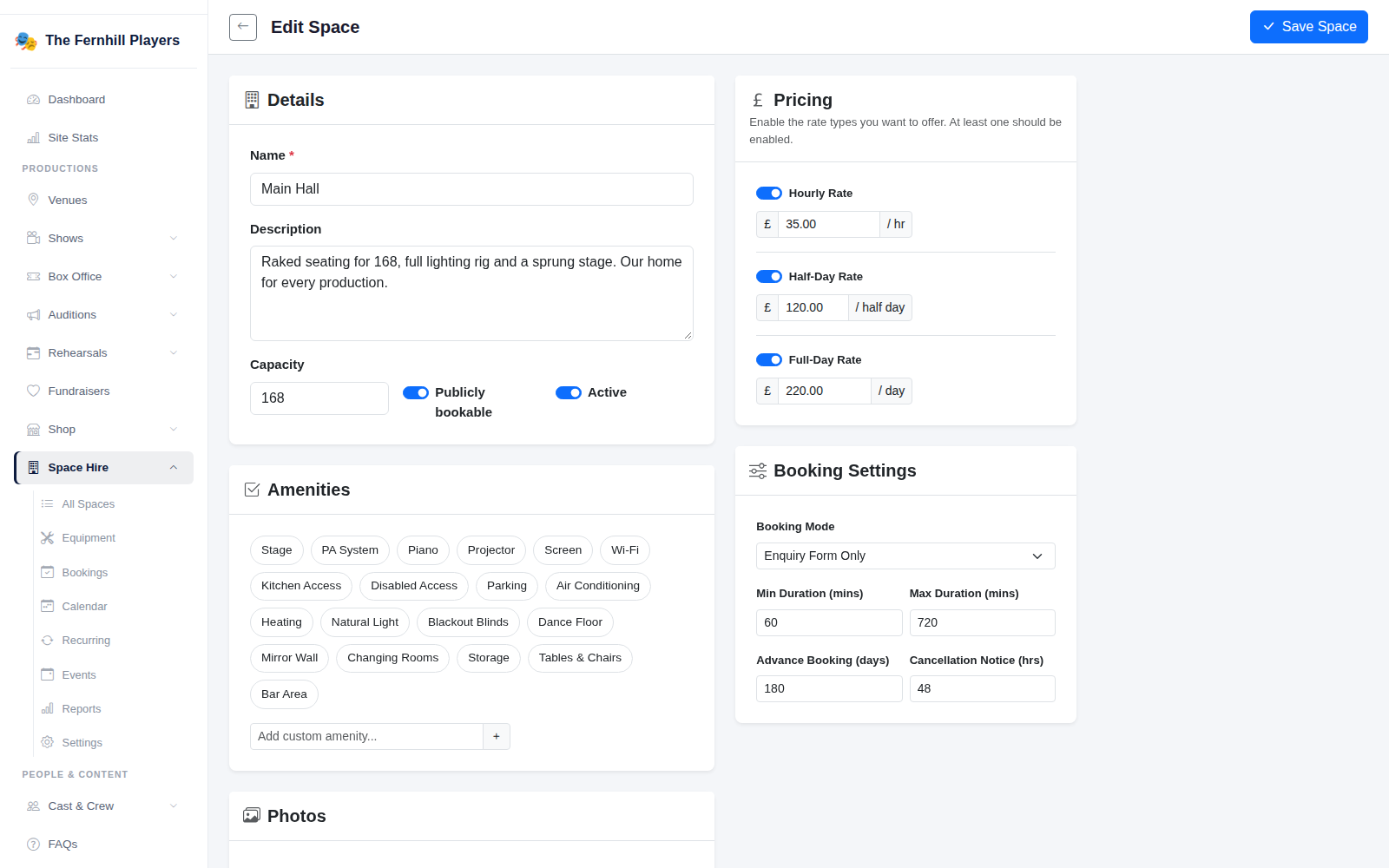 Editing a space: details, amenities, prices and how it can be booked.