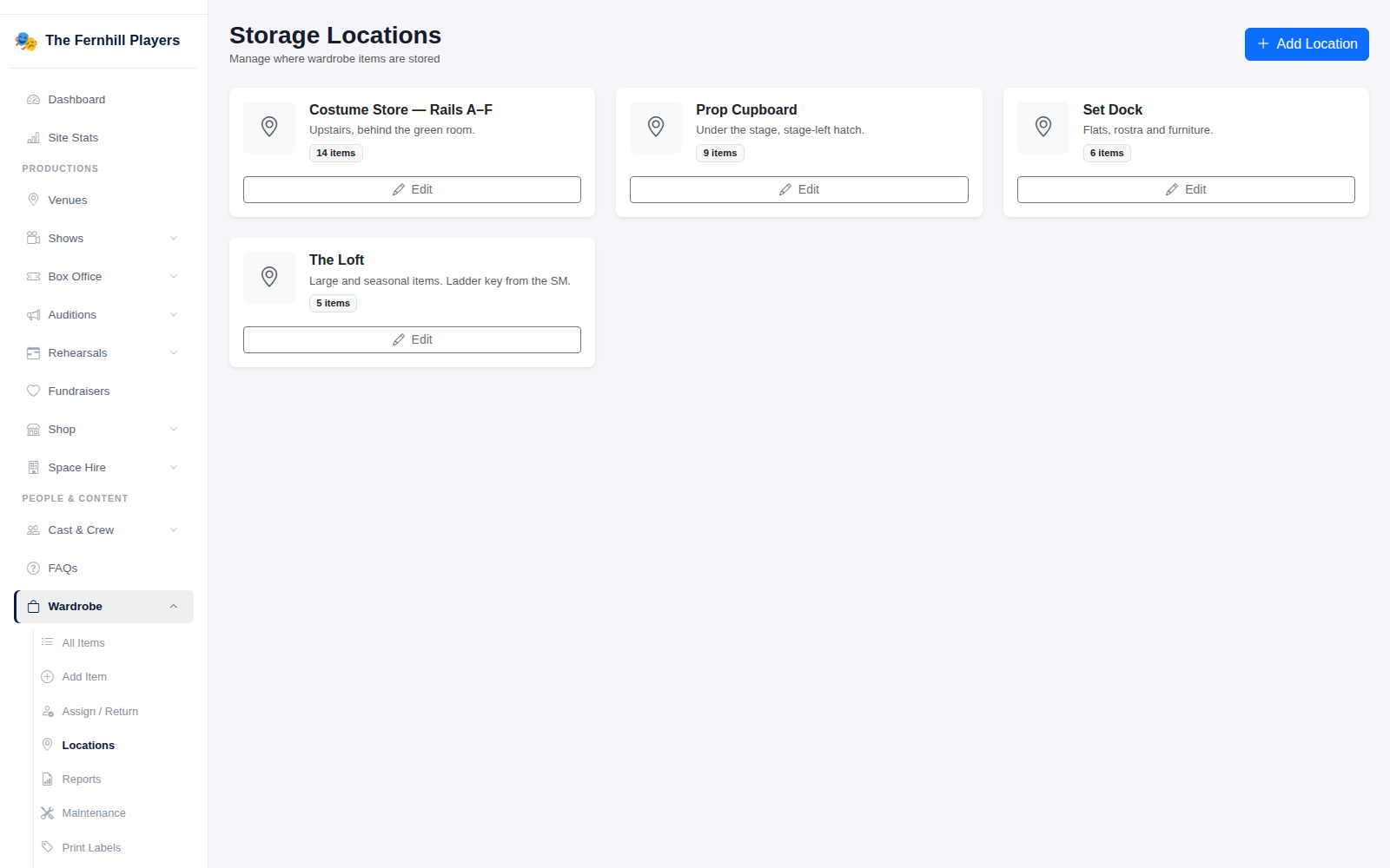 Storage Locations, each with a note on where it is and how many items it holds.