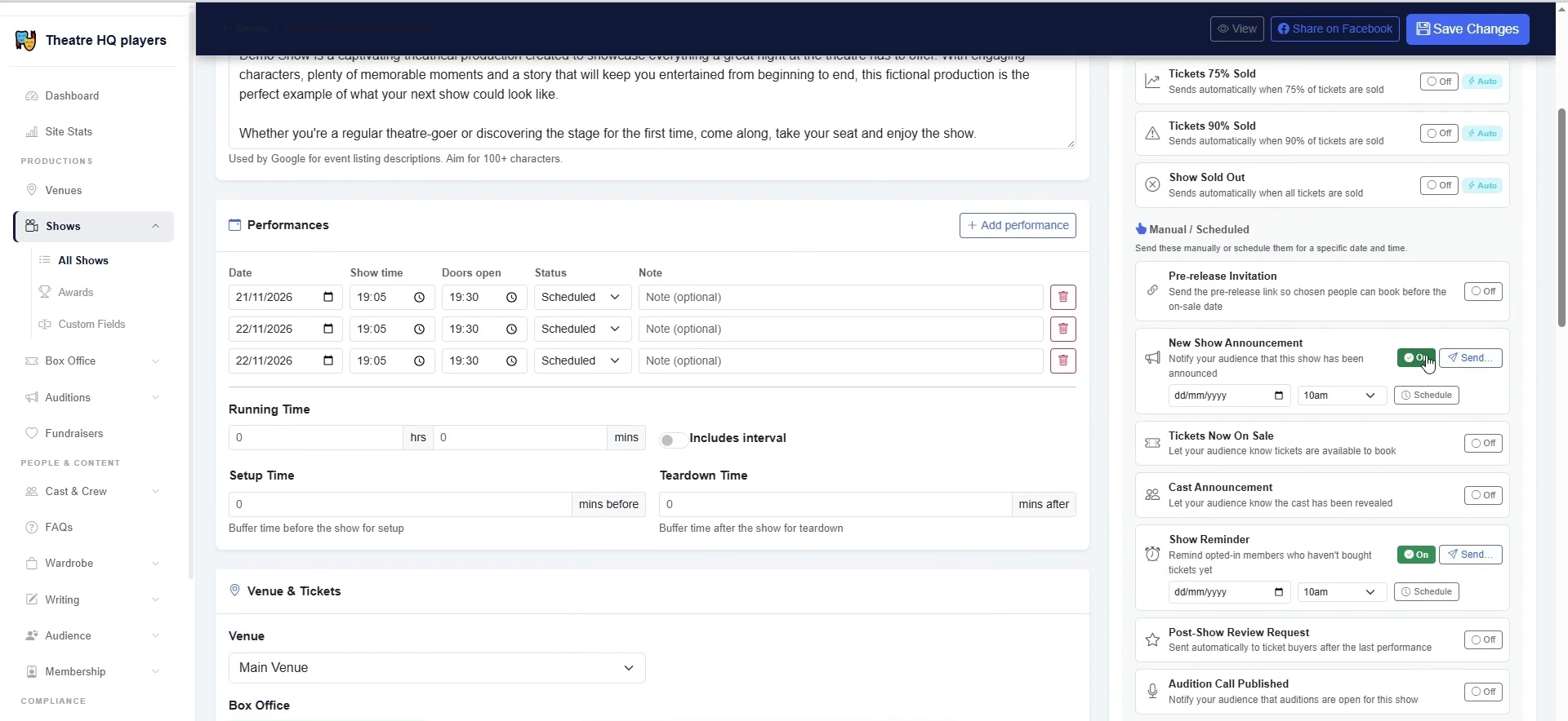 Add and manage performances for each show.