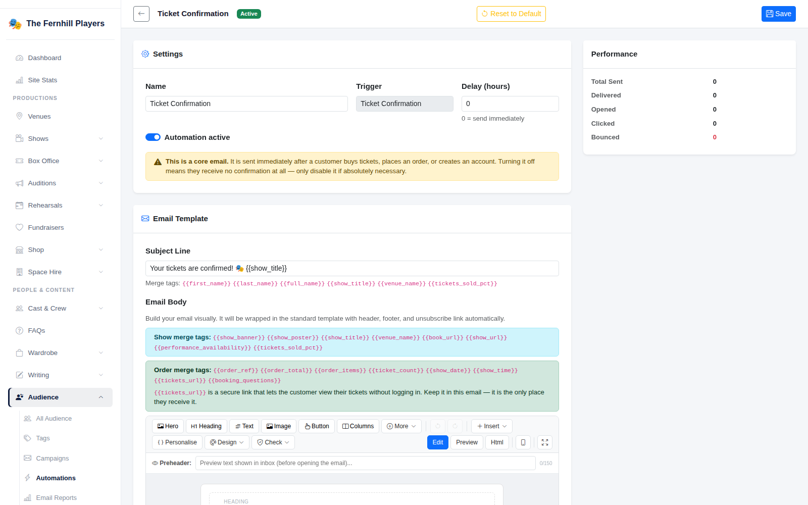 Editing the Ticket Confirmation email: trigger, delay, on/off switch and performance figures.