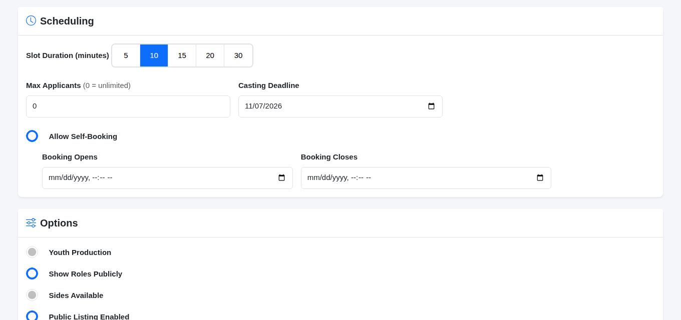 Scheduling and options.