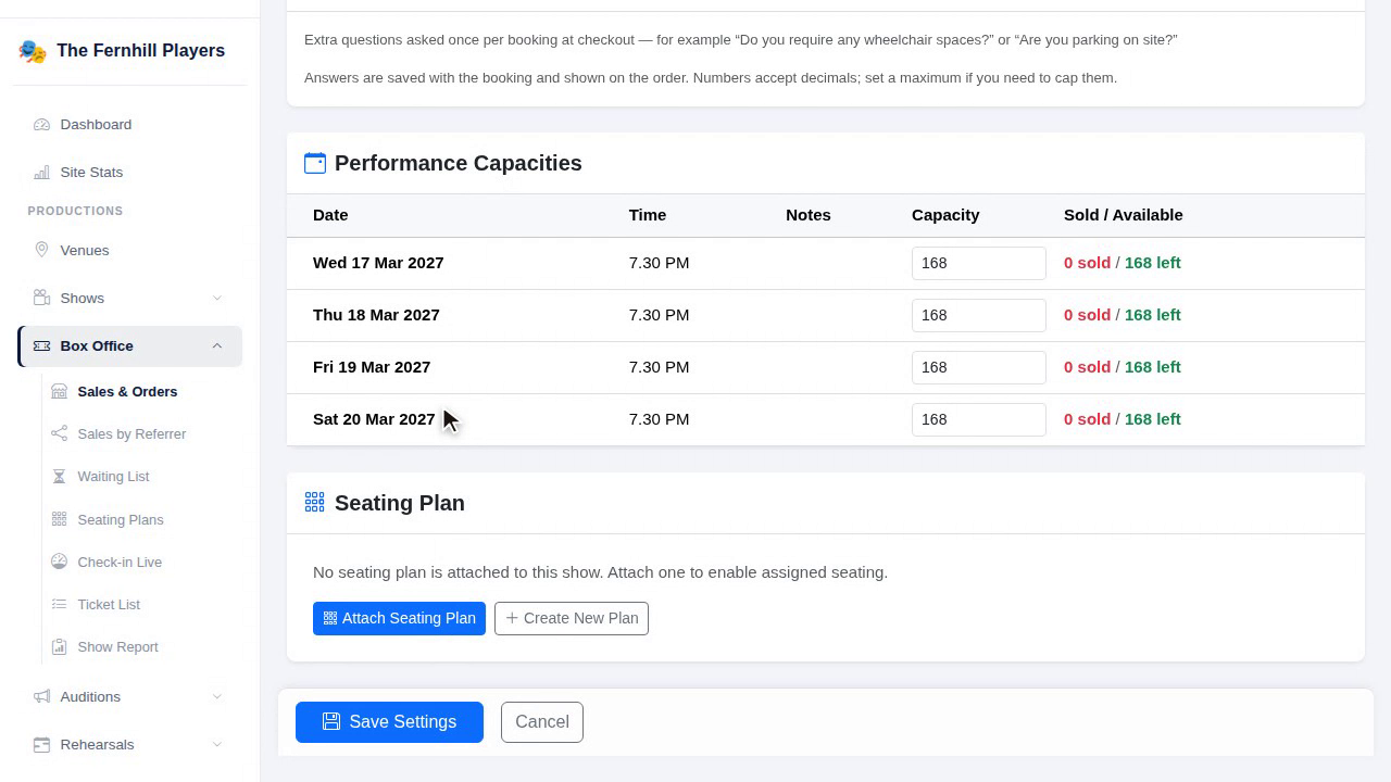 Performance capacities and the seating plan section.