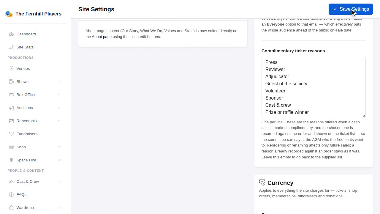 Complimentary ticket reasons in Settings, one per line.