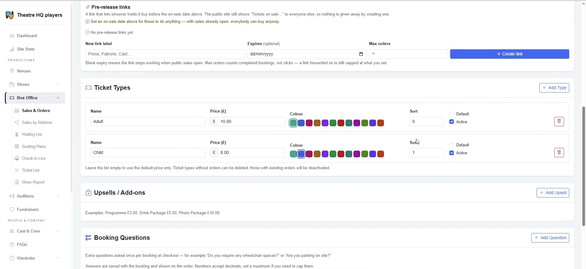 Create Adult, Child, and other ticket types with colours and defaults.