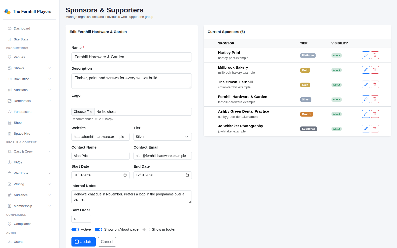 Editing a sponsor: logo, website, tier, contact details and visibility, beside the list of current sponsors.