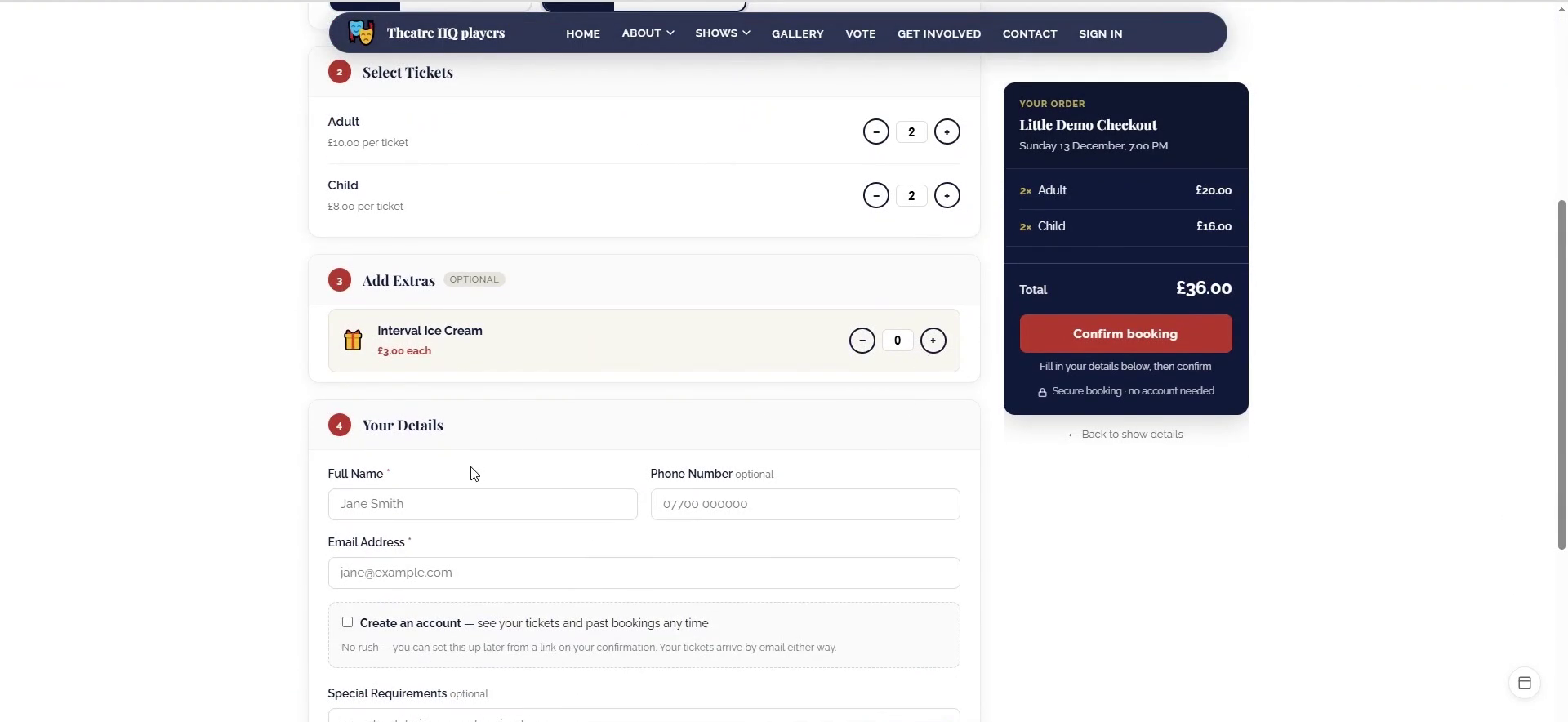 Test the customer-facing checkout once the show is live.