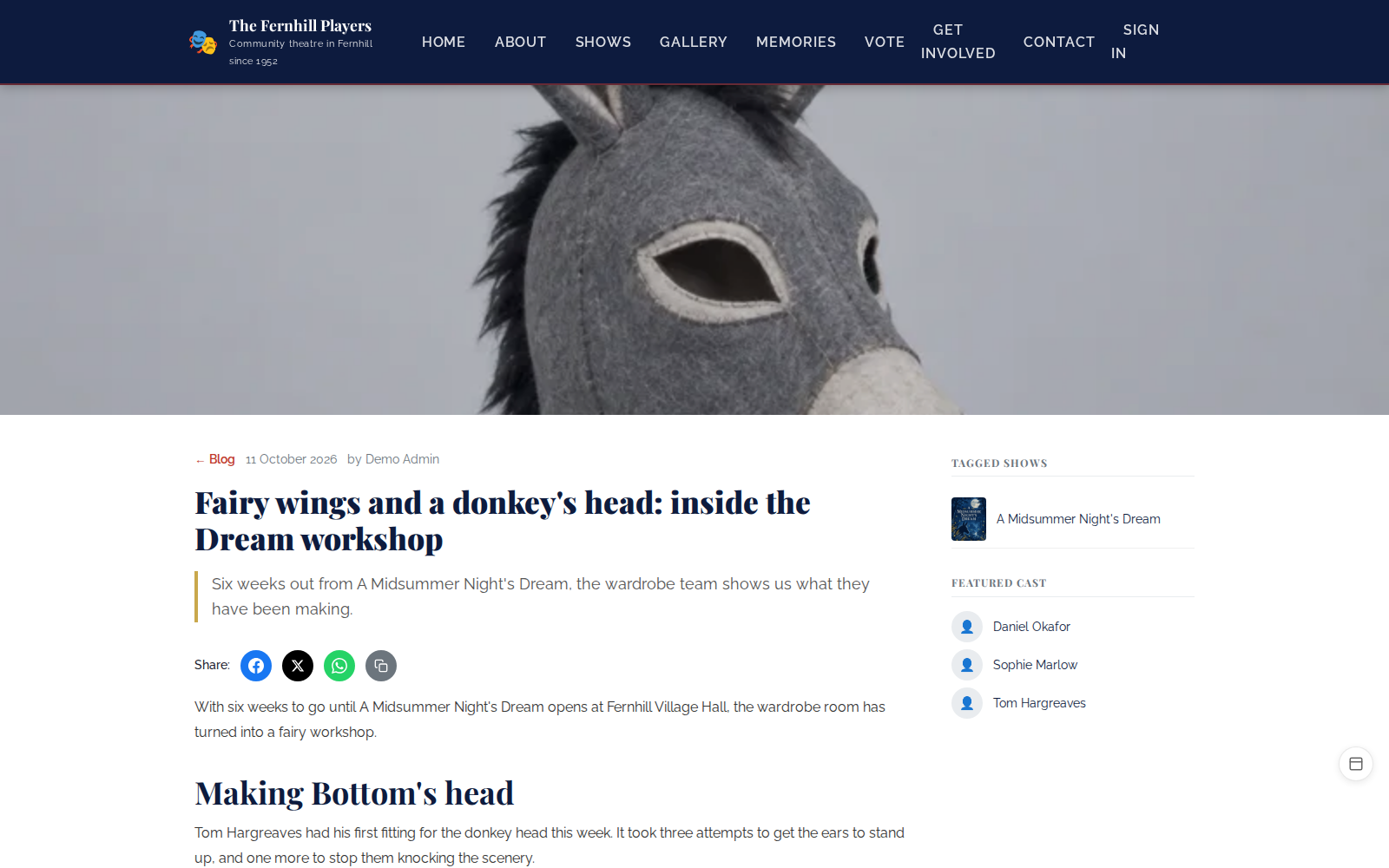 A published post, with its cover image, share buttons, tagged show and cast.