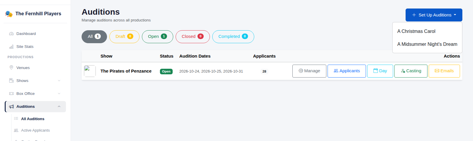 The All Auditions page, with the Set Up Auditions menu open.