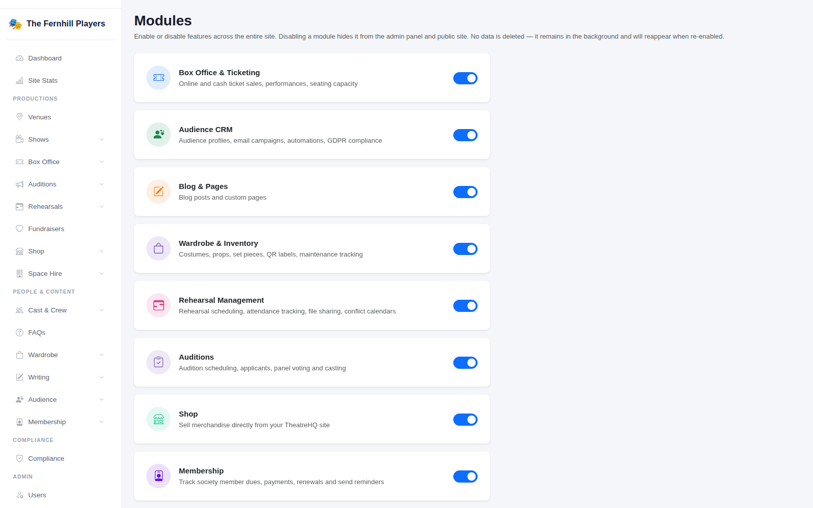 The Modules page, where the Shop is switched on.