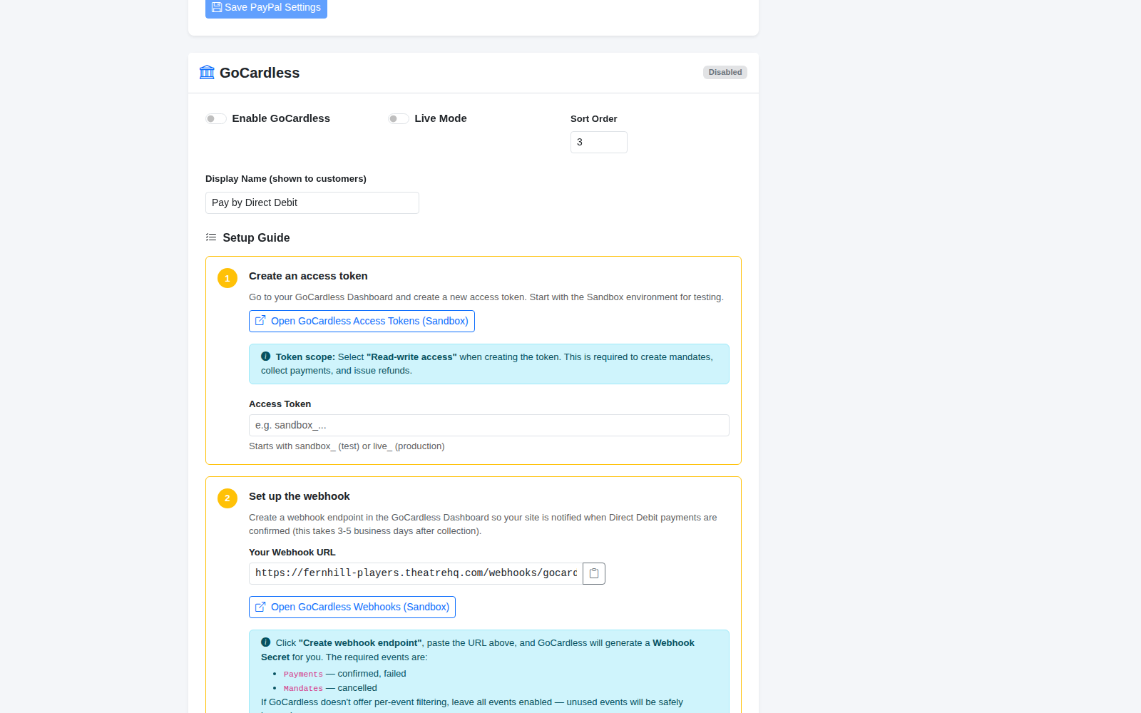GoCardless settings: the access token, webhook and save steps.