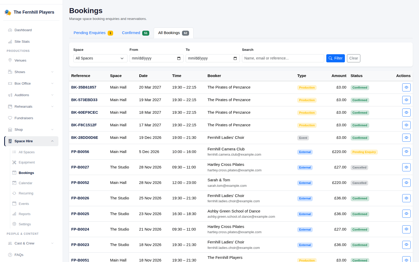 Bookings: pending enquiries, confirmed bookings and the filters.