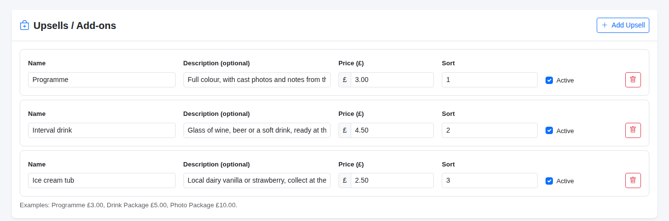 A programme, an interval drink and an ice cream, each with a description and price.