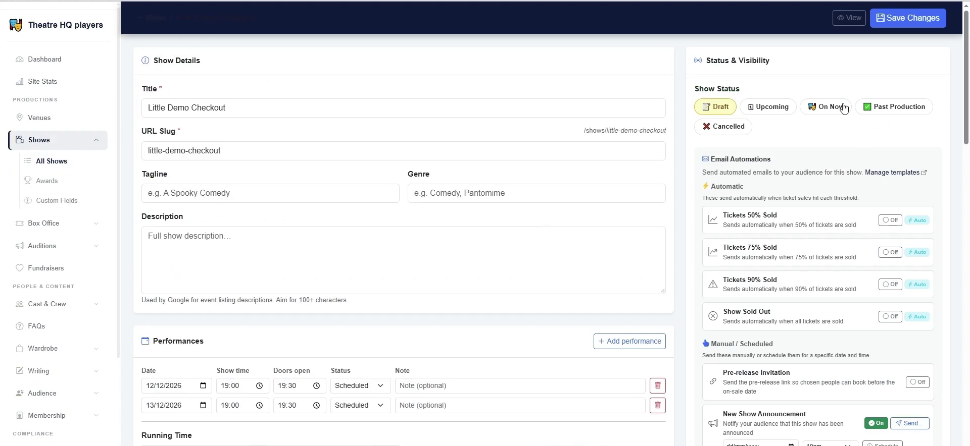 Set the show to On Now or Upcoming to make the checkout public.