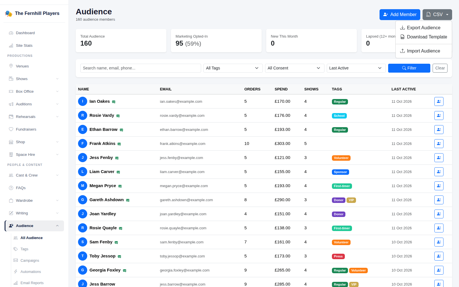 The CSV menu on the audience list: export, download the template, or import.