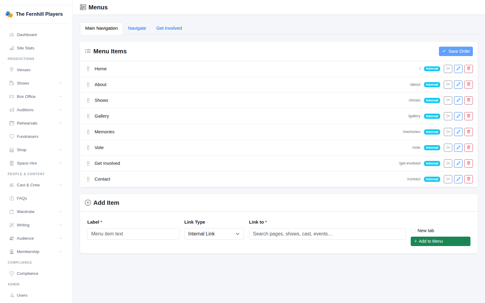Menus: the main navigation items and the Add Item form.