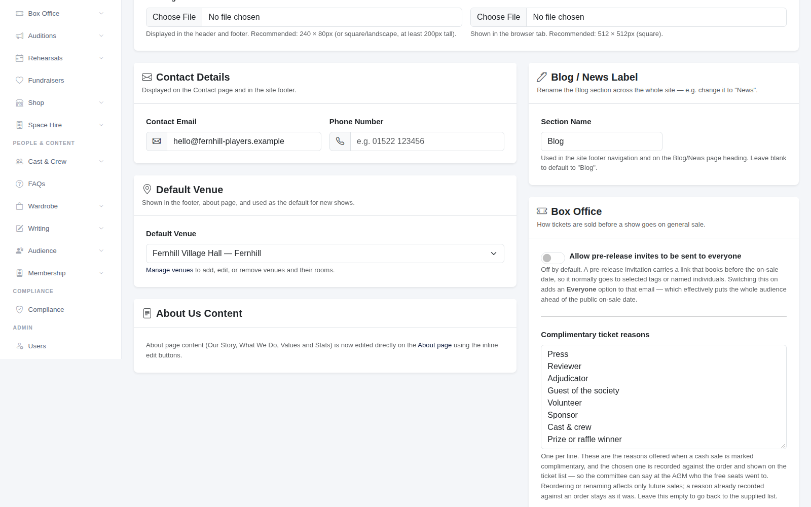 Contact details, default venue, the Blog label and box office options.