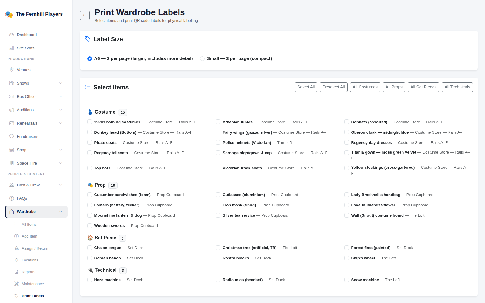 Print Labels: choose a size and the items to label.