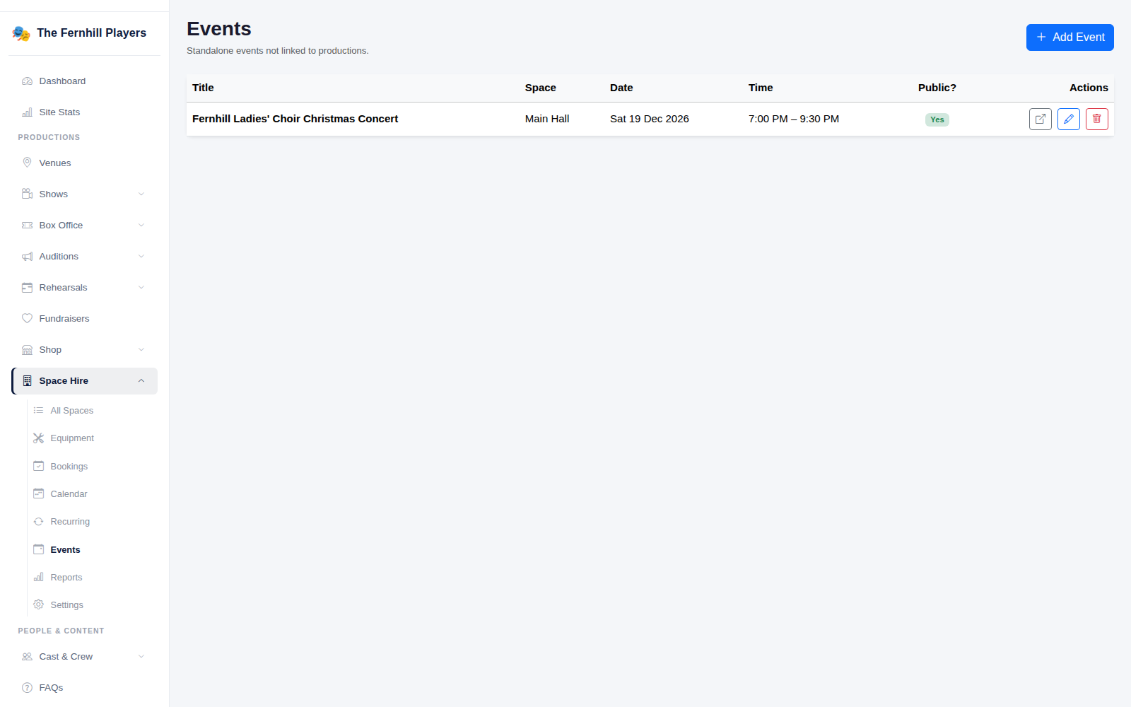 Events: standalone events with their room, date, time and visibility.