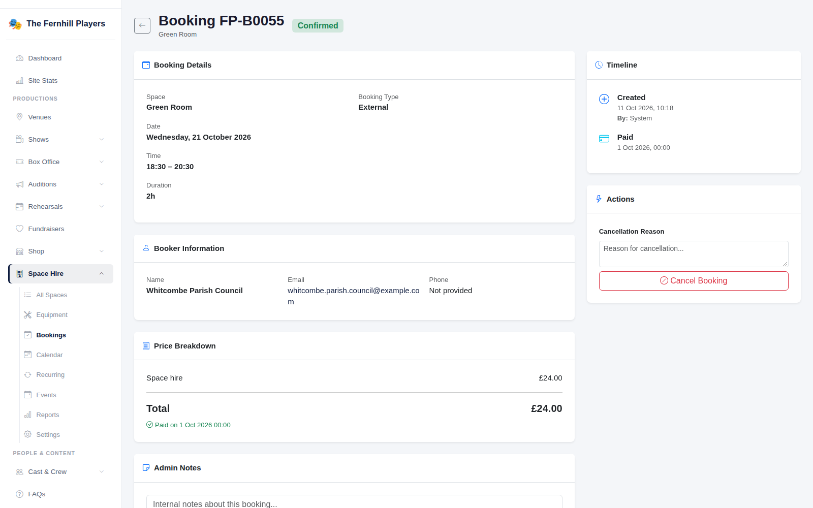 A booking: details, booker, price, timeline and the cancel option.
