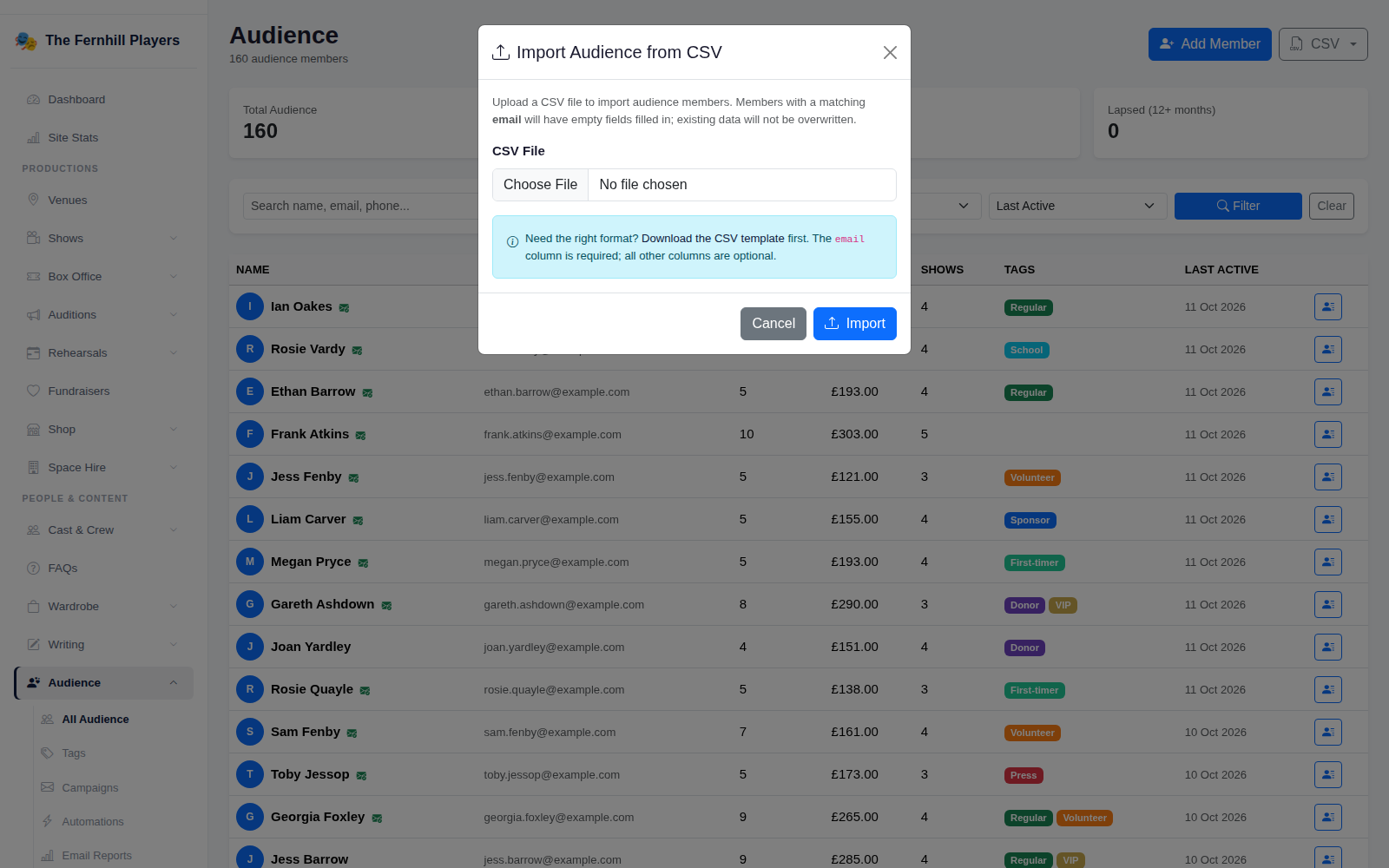 Importing a CSV file. People with a matching email are filled in, not overwritten.