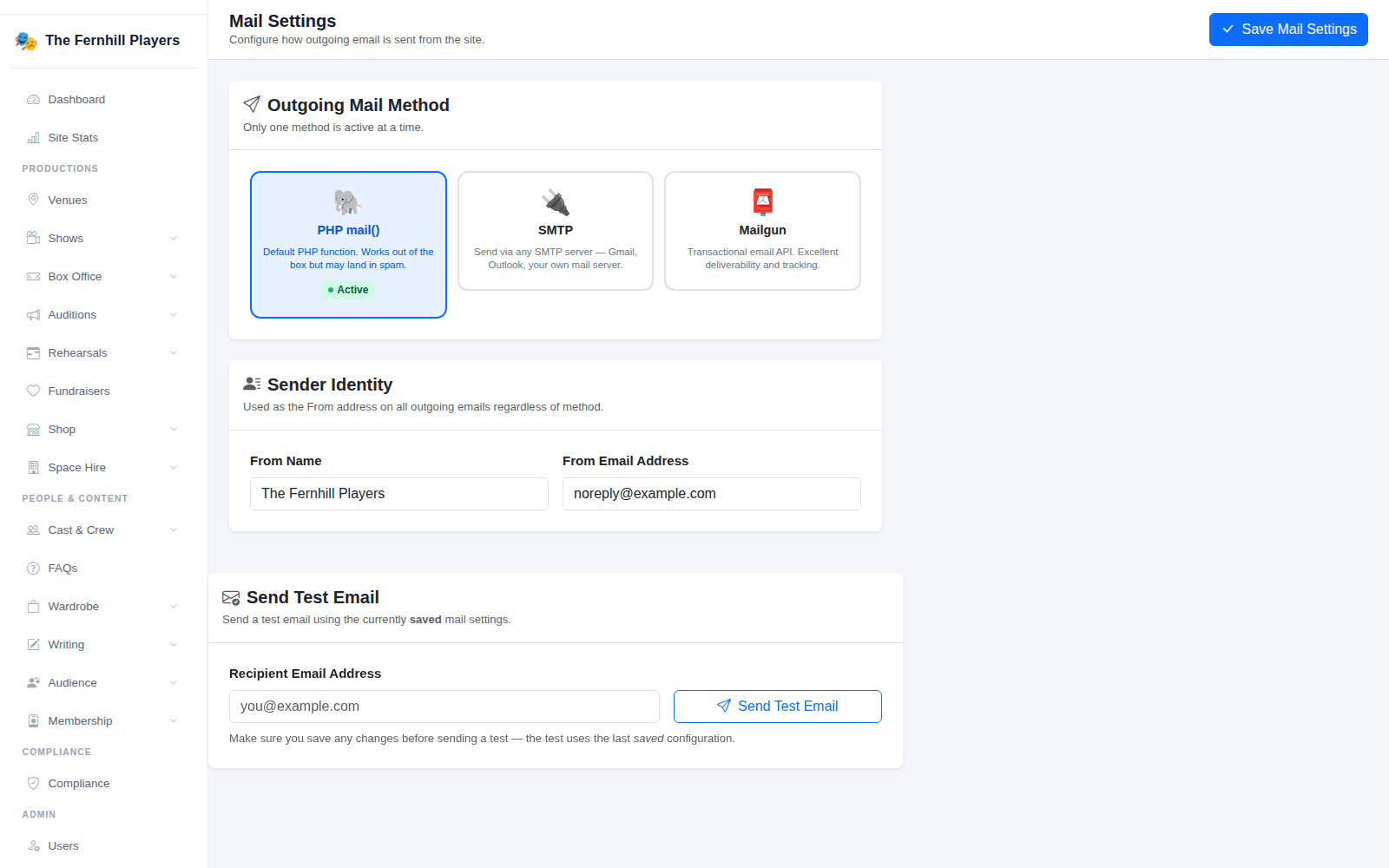 Mail Settings: the three sending methods, sender identity and the test email box.