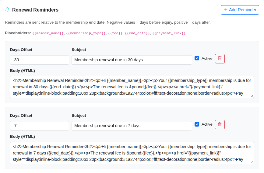 Default renewal reminders on a new membership type.