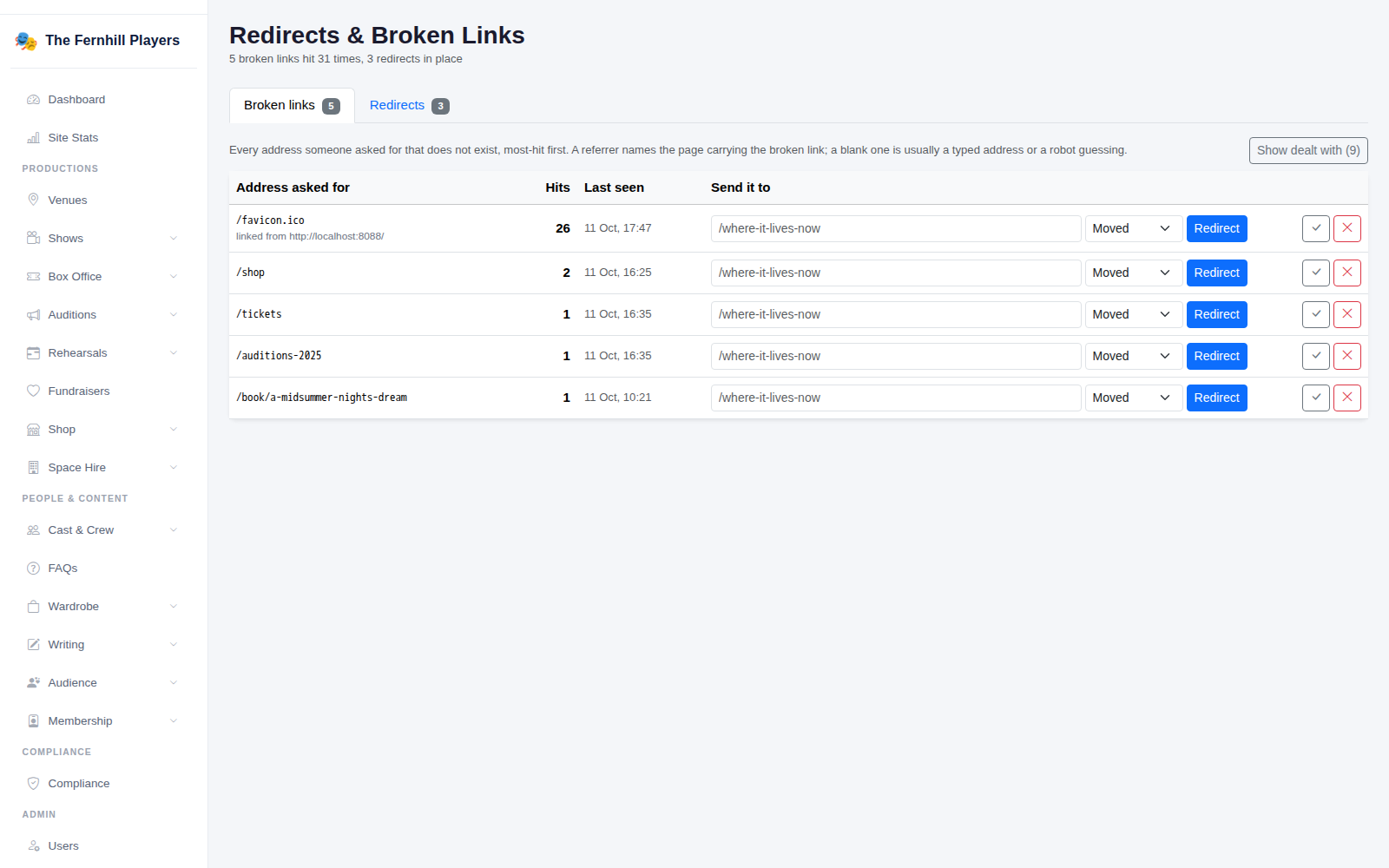 The Broken links tab: each missing address with its hits, when it was last seen and a box to redirect it.