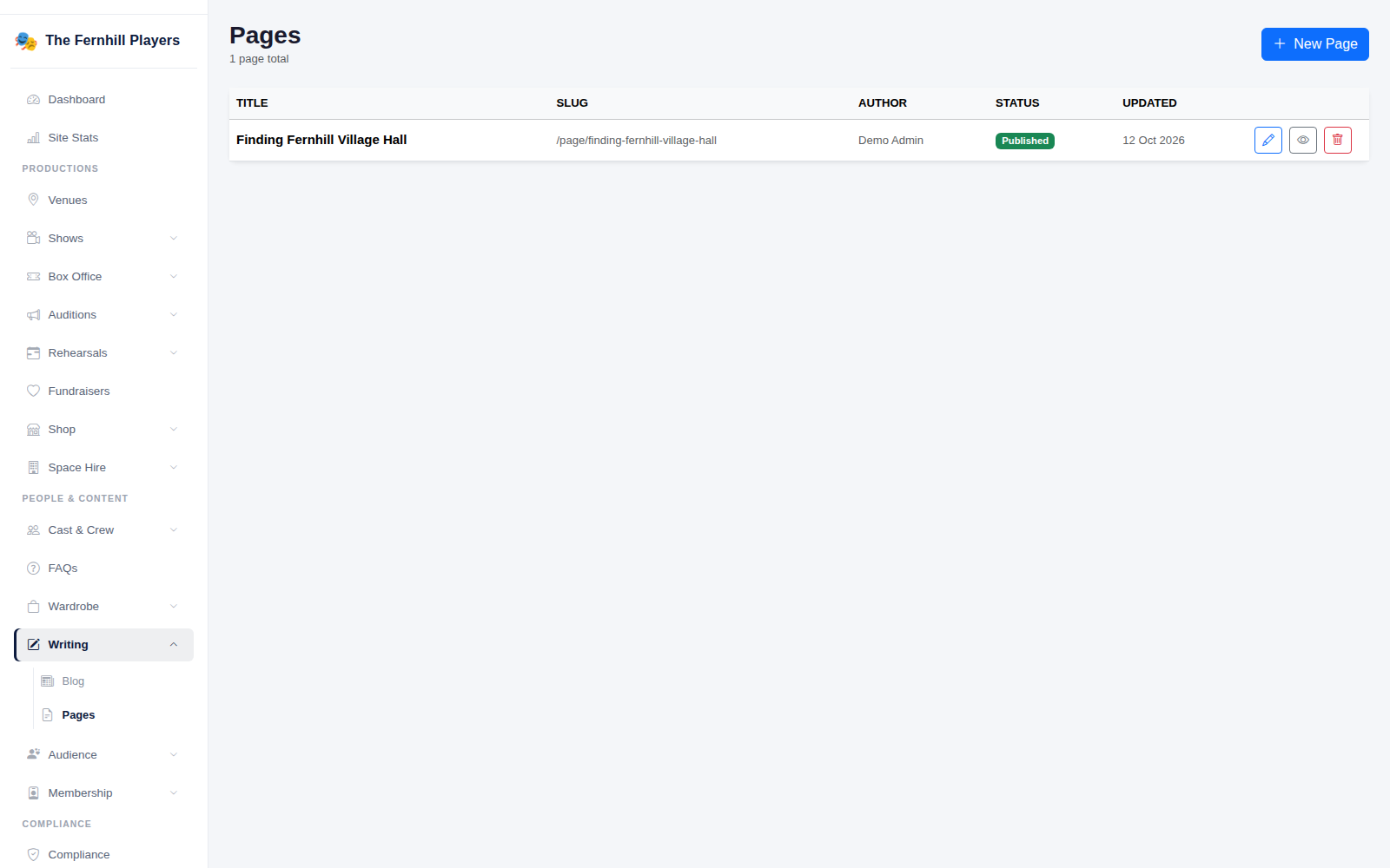 The Pages list, with each page's address and status.