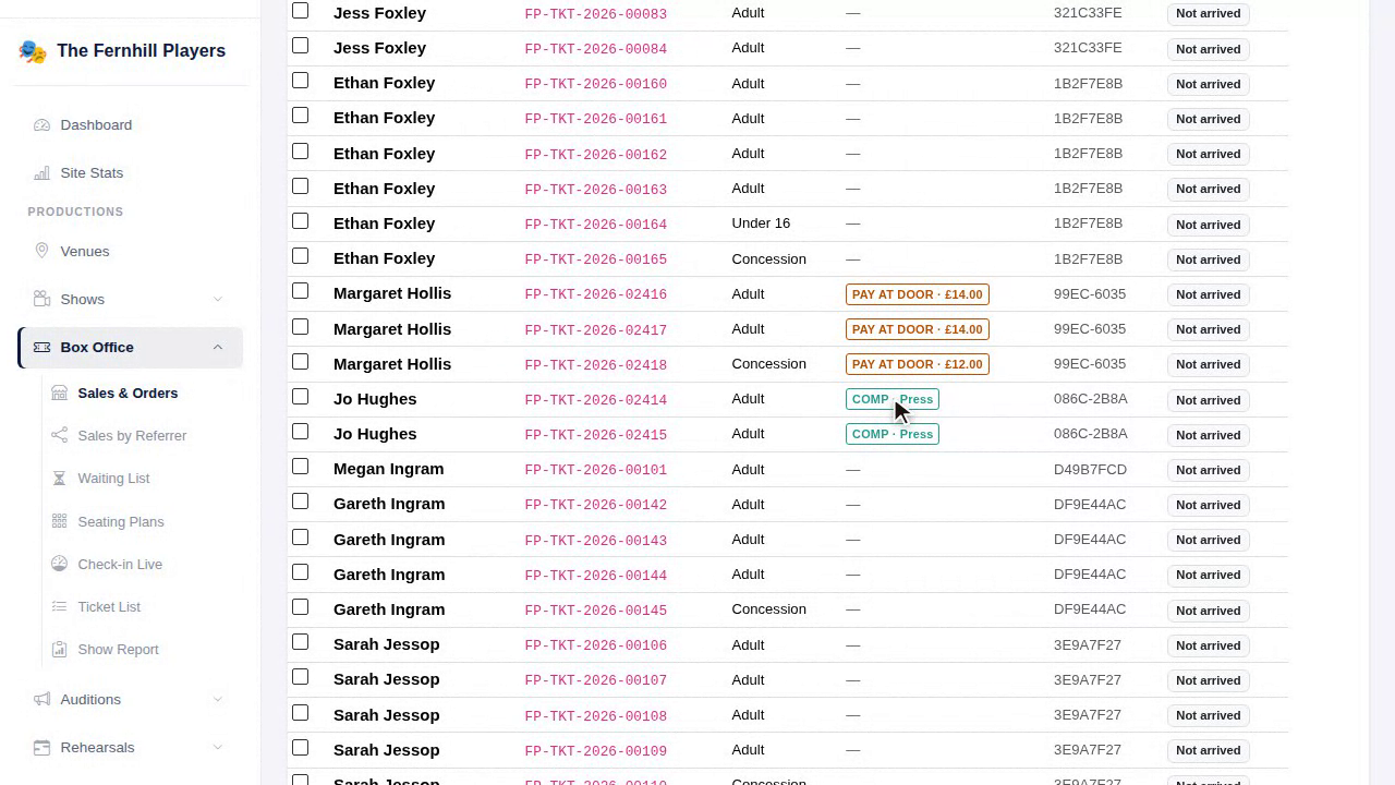 The ticket list, with tickets marked Pay at door and Comp.