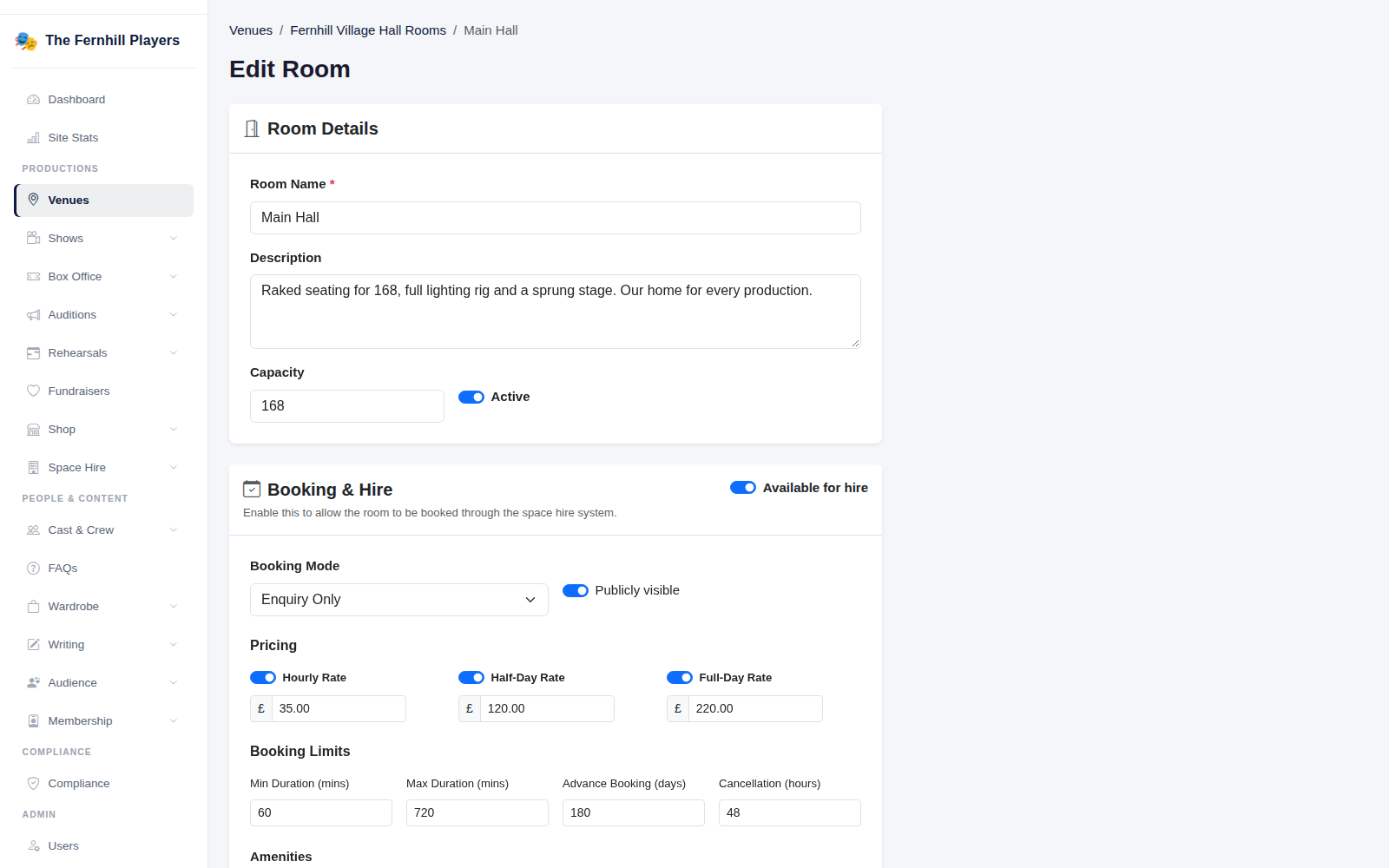 Editing a room: details, capacity, and the Booking & Hire settings.
