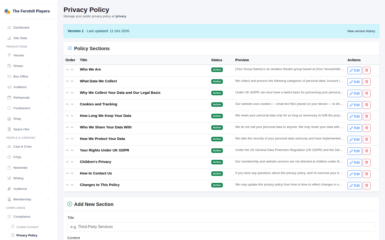 The Privacy Policy sections, each with its status, preview and Edit button.