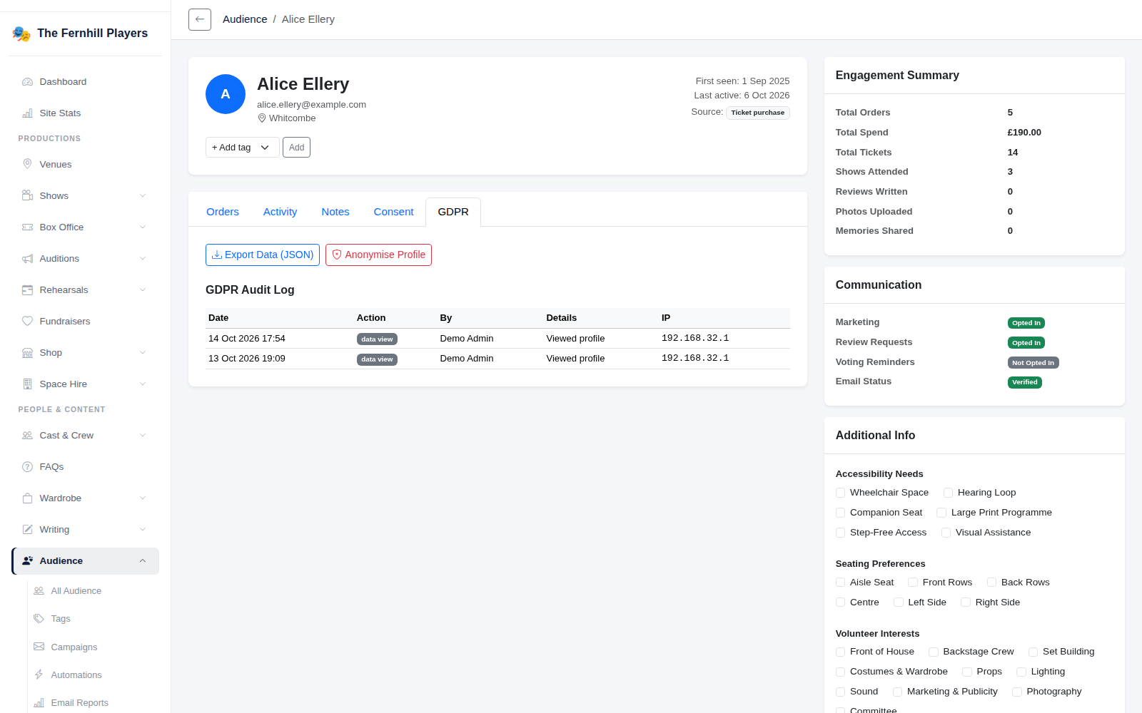 A person's GDPR tab: export their data, anonymise them, and the log of what's been done.