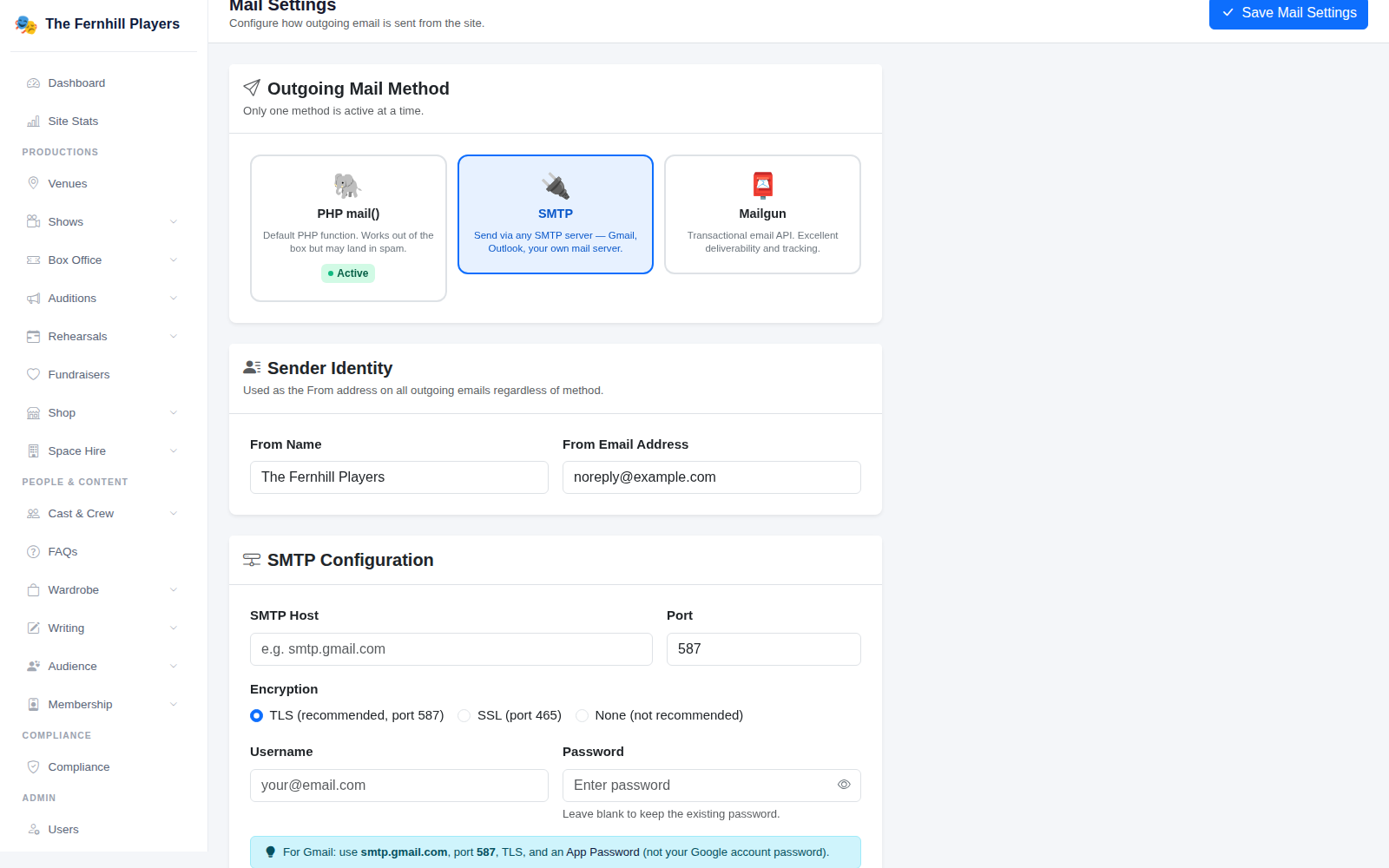 SMTP selected, with the server, port, encryption and login boxes.
