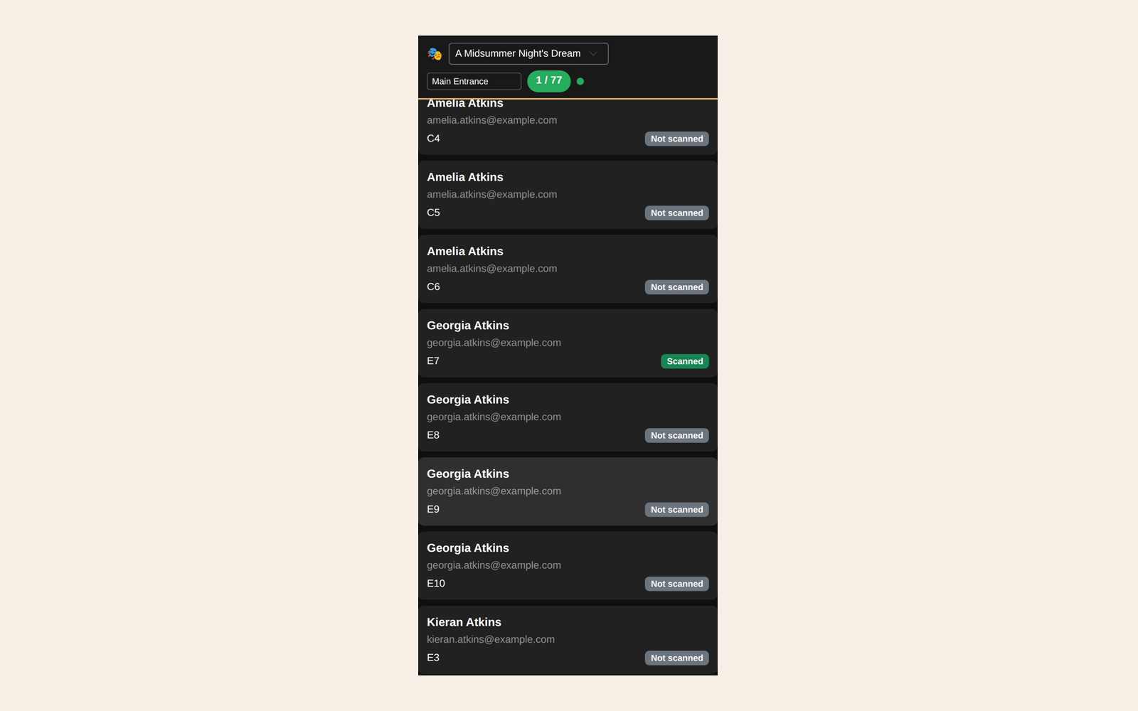 Searching by name lists each matching ticket with its seat and scan status.