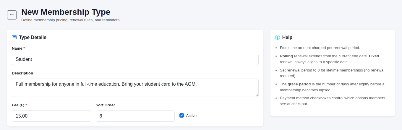 Type details for a new Student membership.